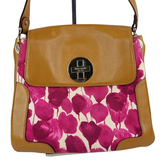 Kate Spade New York brown leather & pink abstract floral shoulder bag - Picture 3 of 16